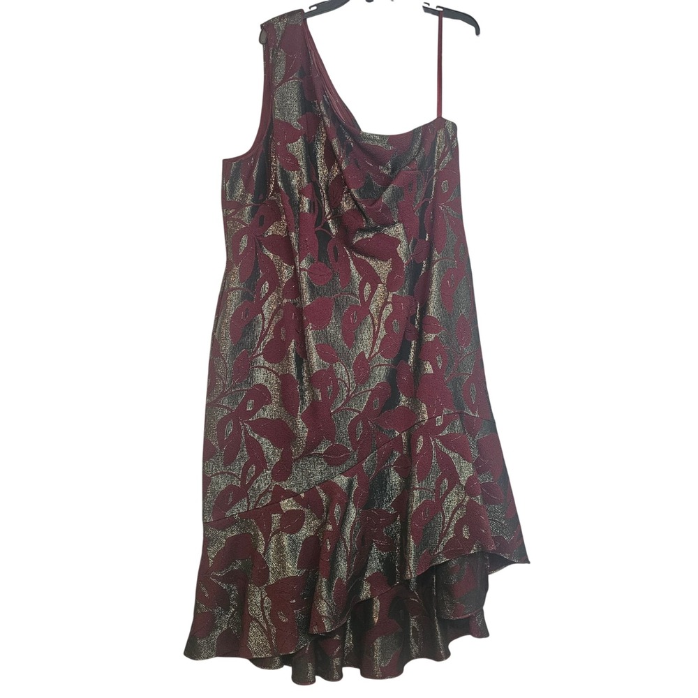Adrianna Papell 22W Garnet Floral Jacquard Metallic 1 Shoulder Hi-Low Dress 1216